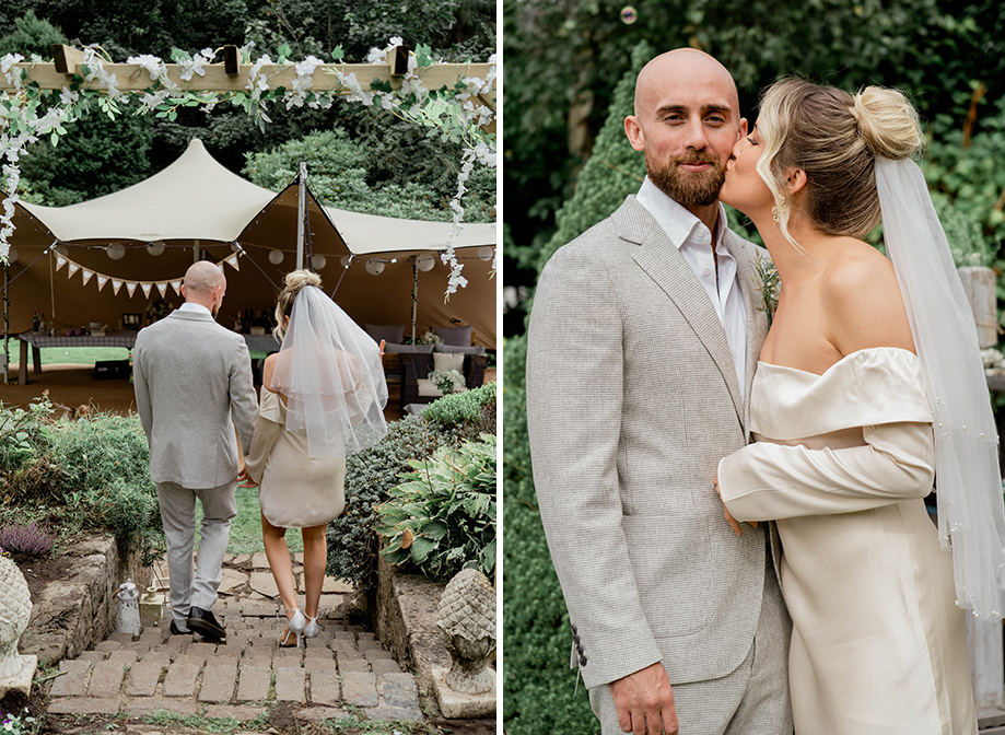 a bride and groom walking down stairs towards a canvas stretch tent in a garden on left. A bride kissing a groom on the cheek on right