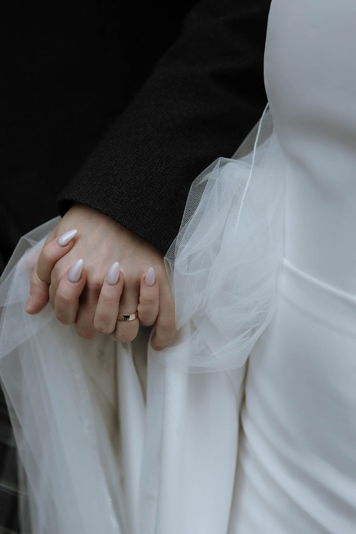 A close up of a couple holding hands