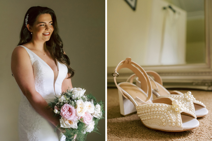 On the left a bride stands holding a white and pink bouquet wearing a white dress with a deep v neckline, on the right a pair of white high heels with pearls attached 