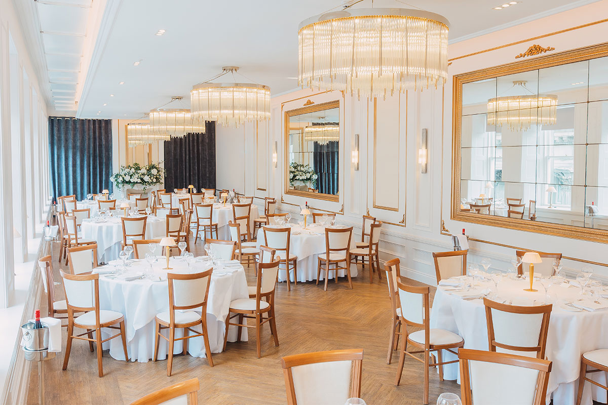Elegant wedding breakfast setup in The Gallery Room at The Exchange Glasgow with chandeliers and round tables