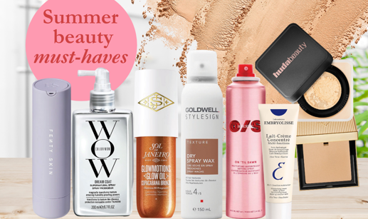 a cut out collage image of a selection of beauty products lined up on a wooden shelf with a floating pink bubble of text that says 'Summer beauty must-haves'