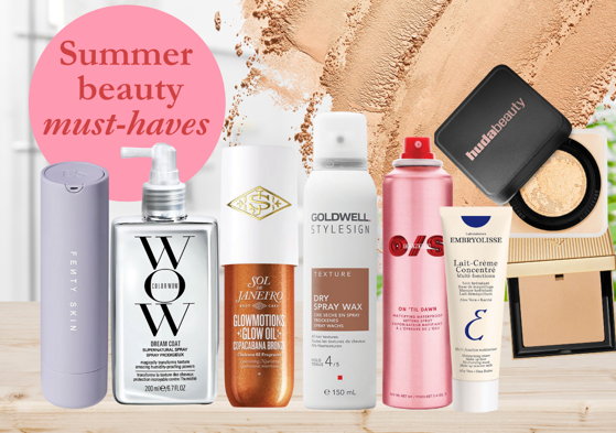 a cut out collage image of a selection of beauty products lined up on a wooden shelf with a floating pink bubble of text that says 'Summer beauty must-haves'