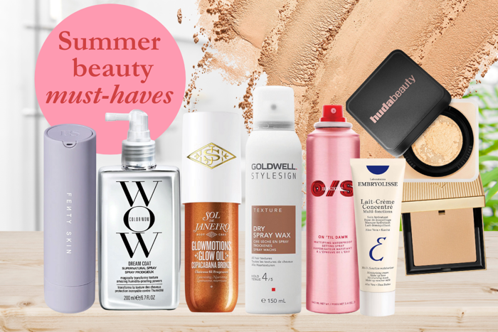 a cut out collage image of a selection of beauty products lined up on a wooden shelf with a floating pink bubble of text that says 'Summer beauty must-haves'