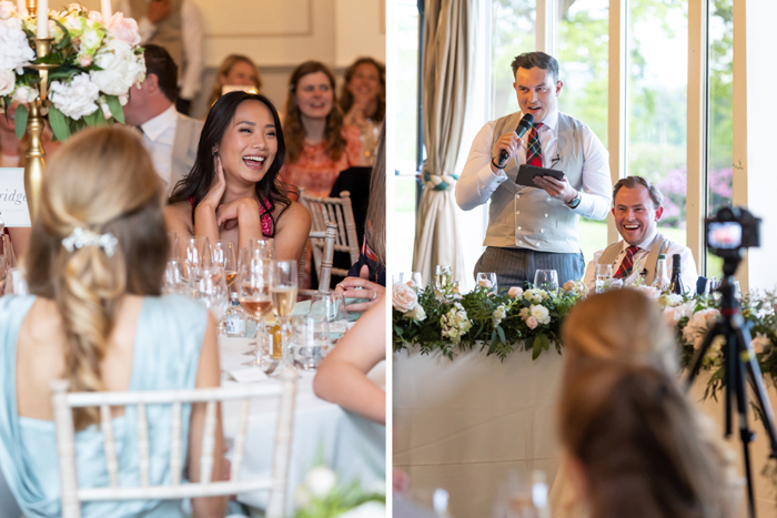 Guests laugh as a groomsman delivers his speech