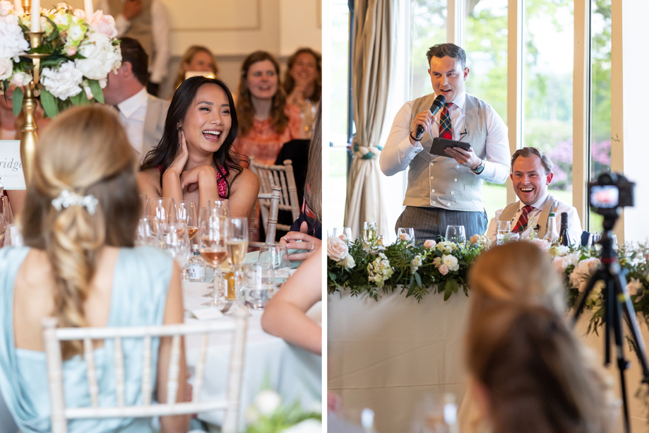 Guests laugh as a groomsman delivers his speech