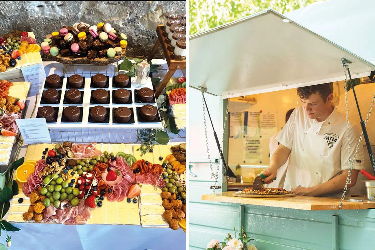 grazing board and man in white jacket making pizza