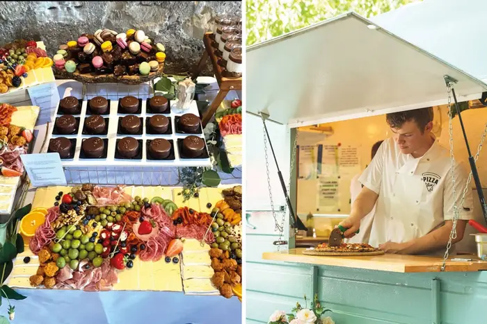 grazing board and man in white jacket making pizza