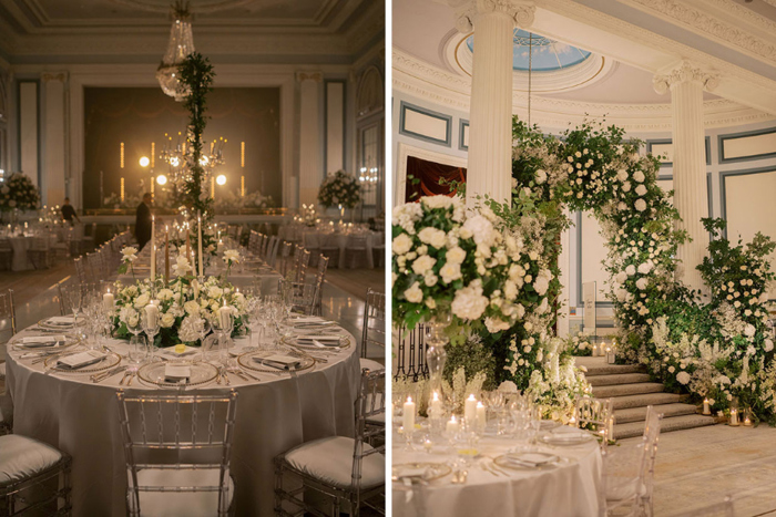 Interiors at Gleneagles featuring white floral table scapes and arch