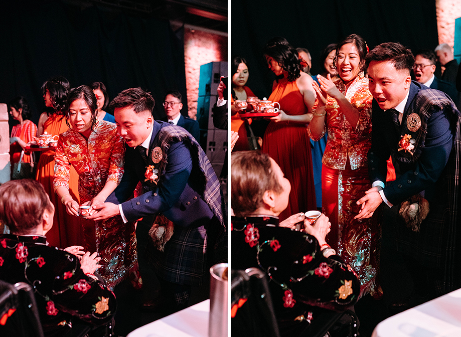 a bride wearing a red and gold qun kua with a groom wearing a kilt performing a Chinese tea ceremony