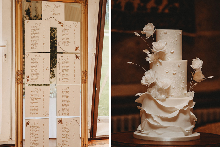 A Wedding Table Plan On A Mirror And White Ruffle And Flower Wedding Cake
