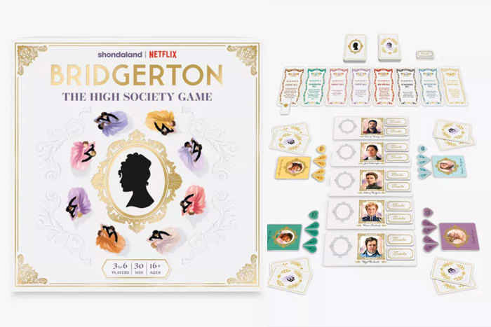 A Bridgerton board game box and insides which includes cards and counters 