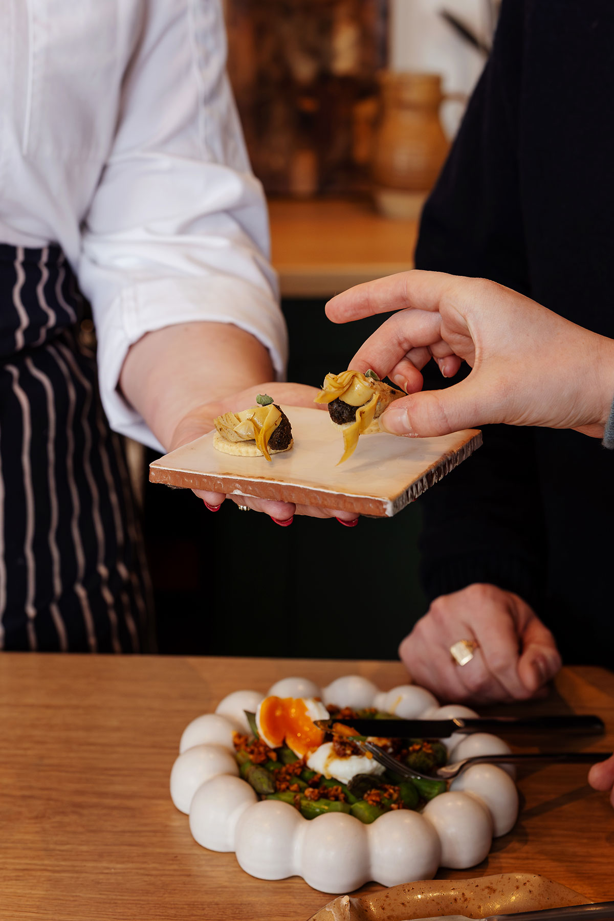 Close-up of wedding canapés being served during tasting at The Tower Portobello