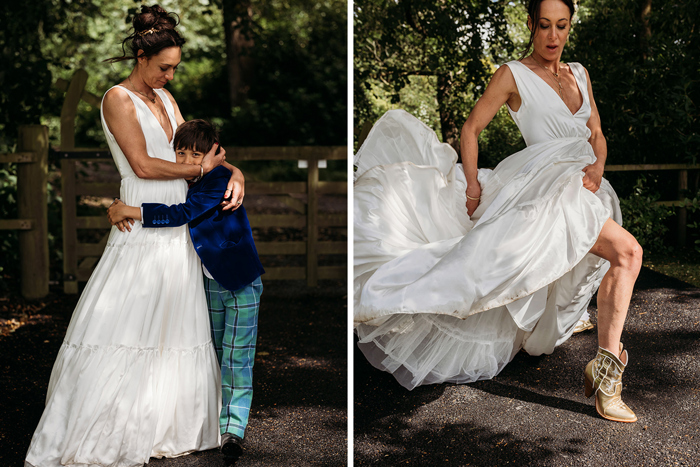 A Bride Cuddling A Young Boy Wearing Tartan Trousers On Left And A Bride Showing Off Gold Cowboy Boots