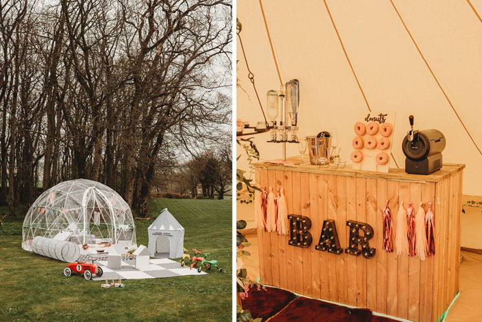 Igloo with children's toys and bar with donut wall and drinks inside the teepee