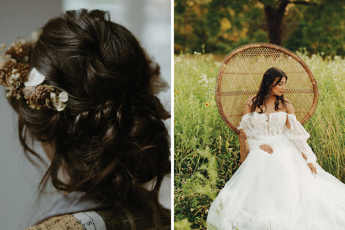 A boho look by Samantha Farrow Hairstylist and model wearing boho A-line wedding dress with off-the-shoulder sleeves by Stella York