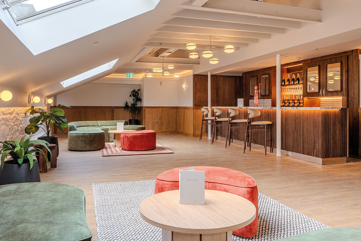 The Parlour modern lounge and bar space with seating at The Exchange Glasgow, stylish wedding getting-ready or reception area