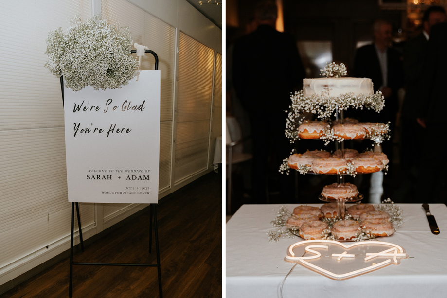 wedding signage and wedding cake/doughnut tower