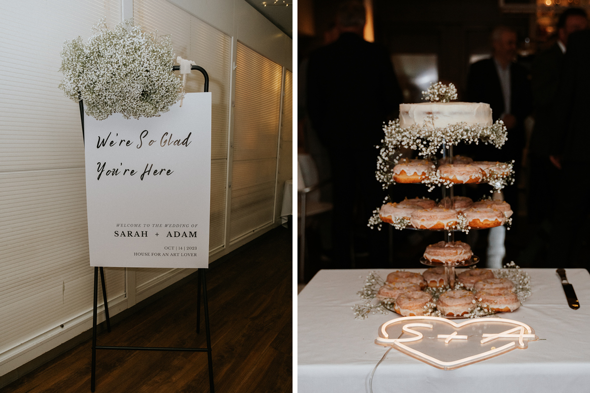 wedding signage and wedding cake/doughnut tower