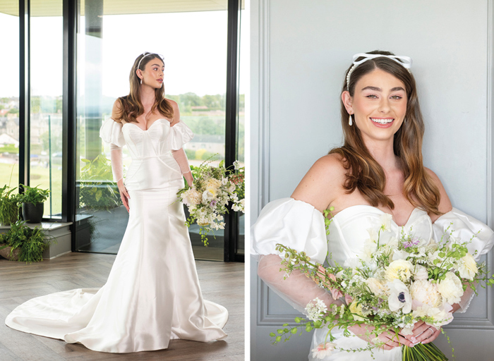 A bride wearing a fit-and-flare wedding dress with puffy sleeves holding a white flower bouquet