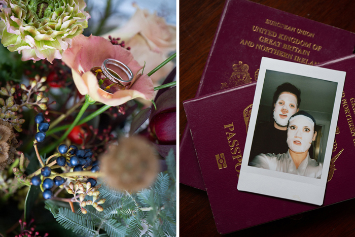 Image of the couple's ring in a flower and a Polaroid of the couple wearing face masks 