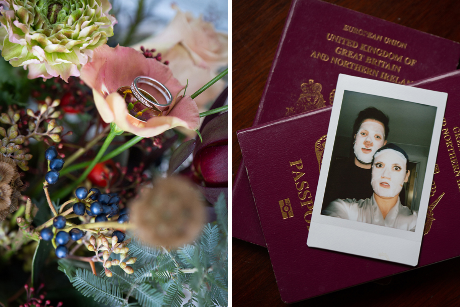 Image of the couple's ring in a flower and a Polaroid of the couple wearing face masks