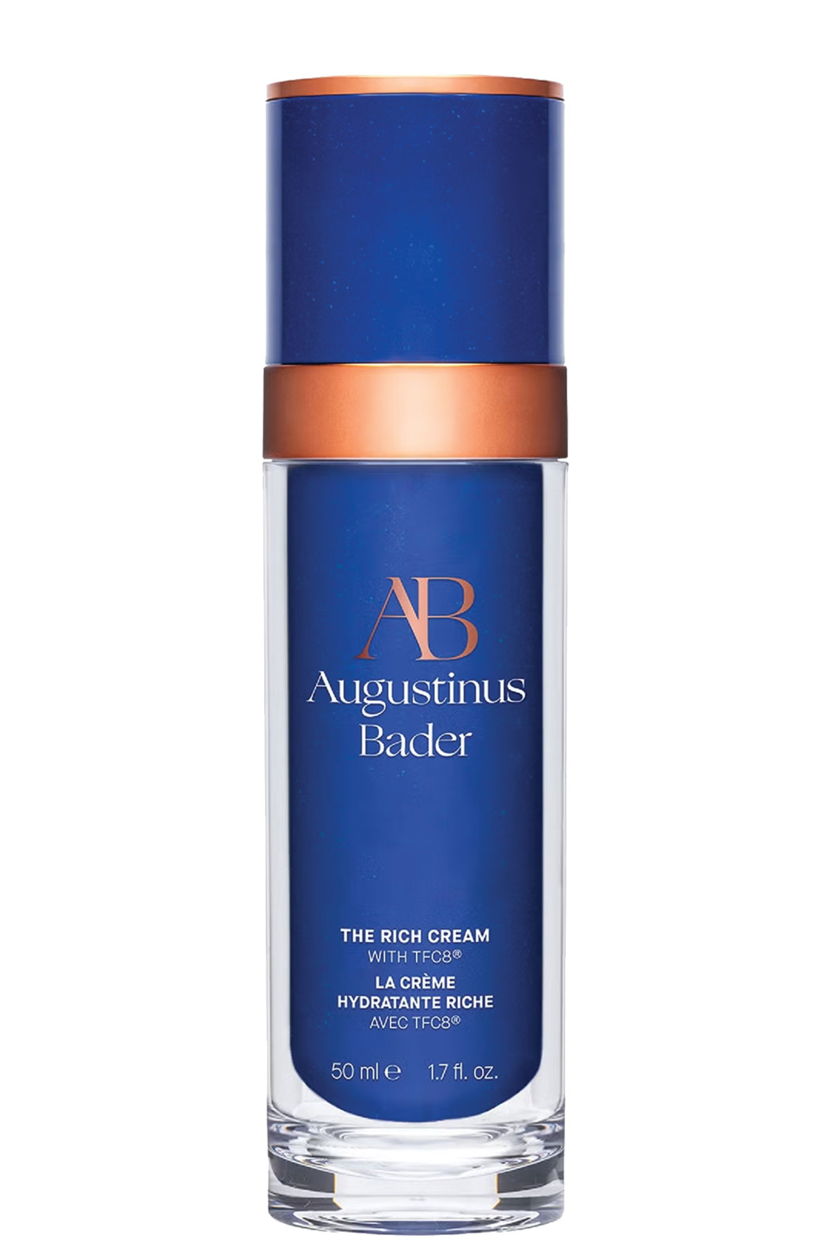 Augustinus Bader The Rich Cream in its signature blue and copper pump bottle
