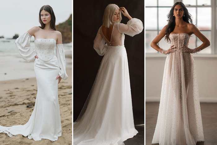 Three wedding dresses with pearl details styled by three different models