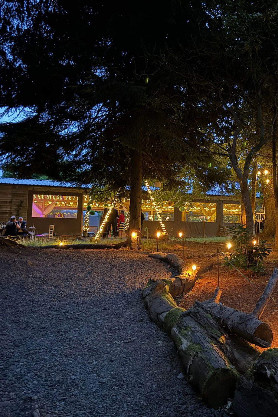 A woodland area looking towards a wooden building with lots of fairylights inside and outside it