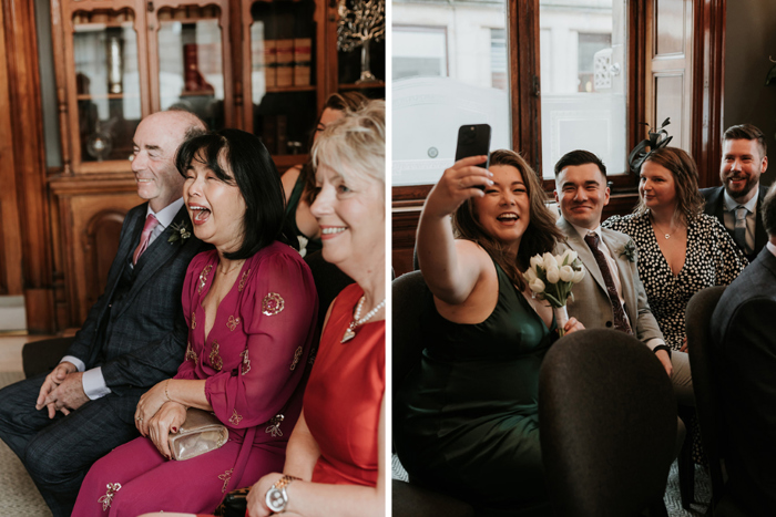 Guests smile and take selfies before the ceremony