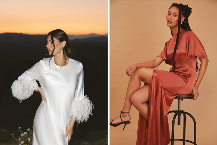 Two separate images of a bridal dress with feather-trimmed sleeves and a terracotta bridesmaids dress