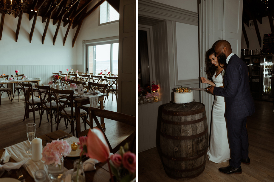 Interior Of Dougarie Boathouse Dressed For A Wedding And A Bride And Groom Cutting A Wedding Cake Sitting On Top Of A Whisky Barrel