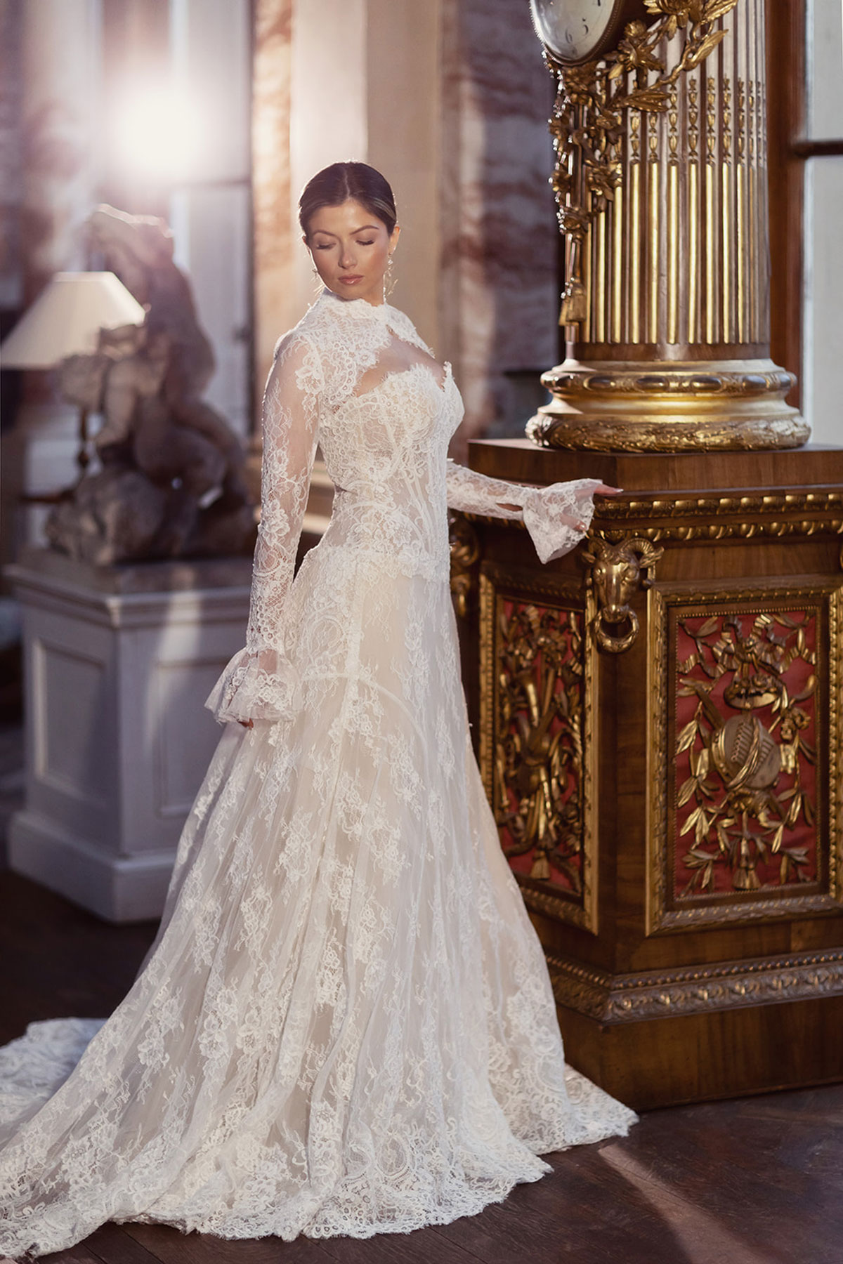 Opus Couture lace bridal gown photographed beside ornate interiors at Gosford House.