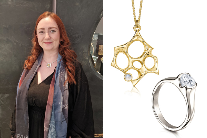 Image showing Coylah Entwistle from Sheila Fleet Jewellery and a gold necklace and silver ring from the brand