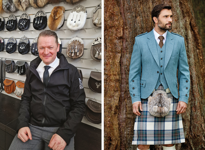 Left is a man in grey trousers and black zipper smiling sitting in front of a wall of sporrans, right is a man in front of a tree wearing blue and white highlandwear, including a kilt