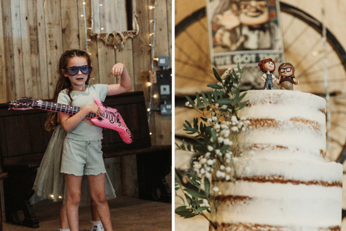Flower girl playing a blow up guitar and picture of wedding cake