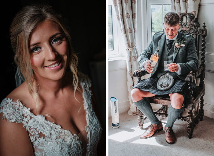 a portrait of a bride's face on left. A man in a kilt sitting on an ornate wooden chair by a window pouring whisky into a glass on right