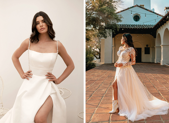 Two different Stella York wedding dresses, one on the left with spaghetti straps and a high-slit, the one on the right with a tulle train and applique sleeves