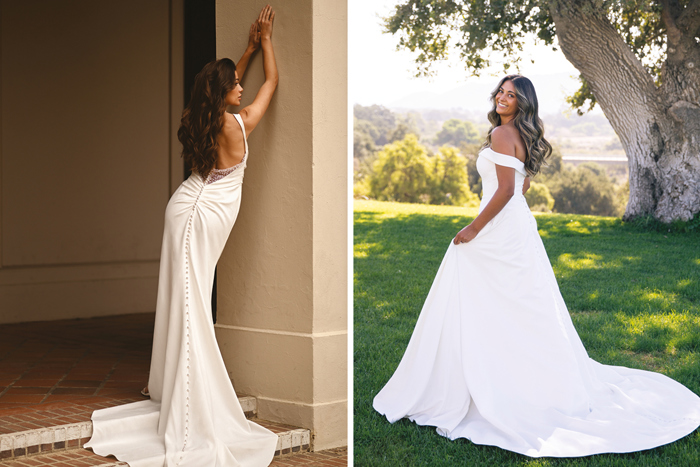 One slinky button-down back wedding dress and another off the shoulder satin ballgown wedding dress