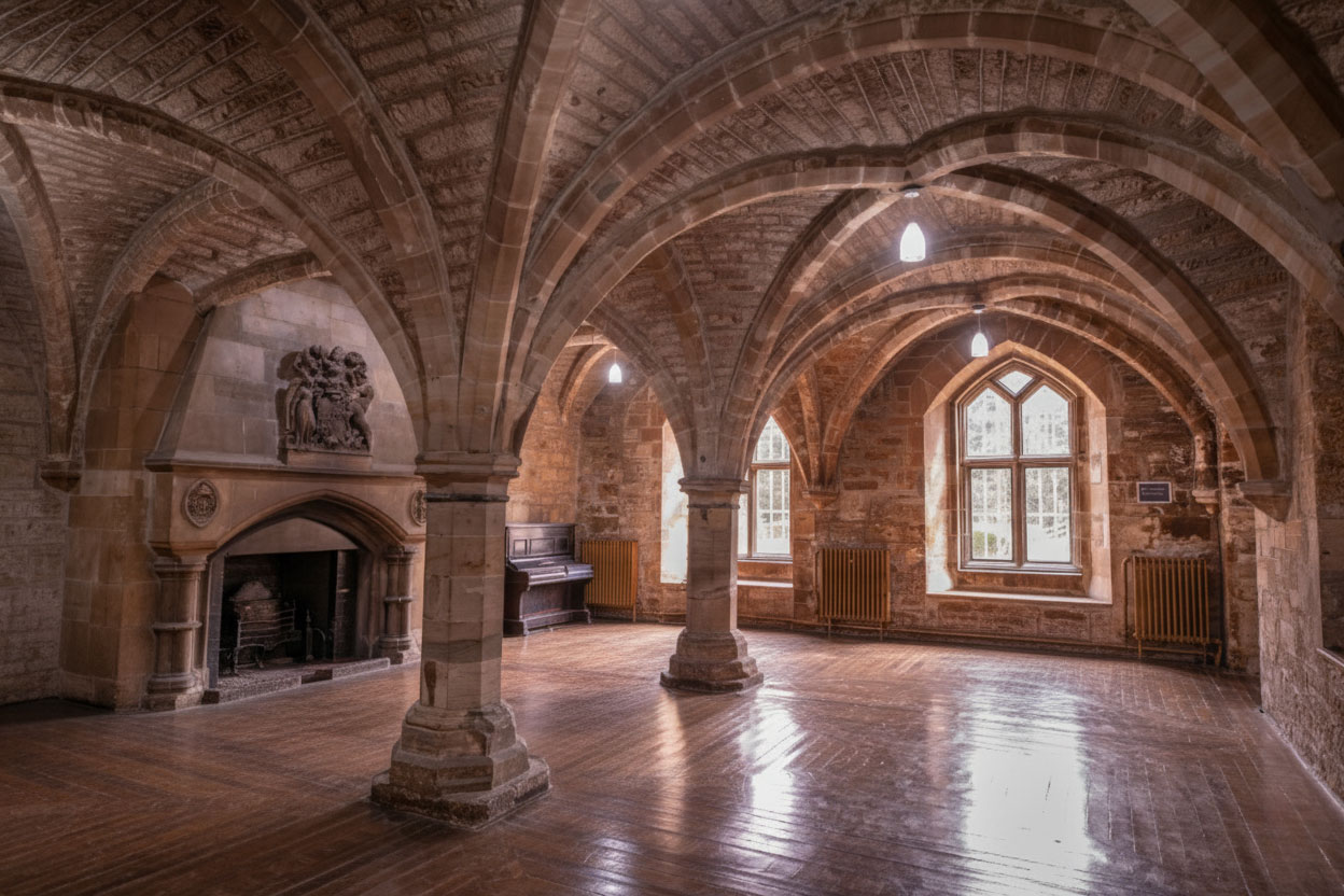 The Crypt at Newbattle Abbey with vaulted stone arches, historic fireplace and wooden floors