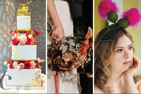A wedding cake, orange bouquet of flowers and a thistle-inspired headpiece worn by a blonde woman