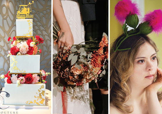 A wedding cake, orange bouquet of flowers and a thistle-inspired headpiece worn by a blonde woman