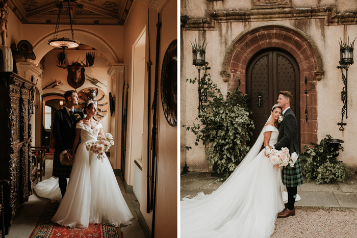 On the left a bride and groom stand together inside a castle corridor, on the right a bride rests her head on the groom's chest as they stand outside a castle