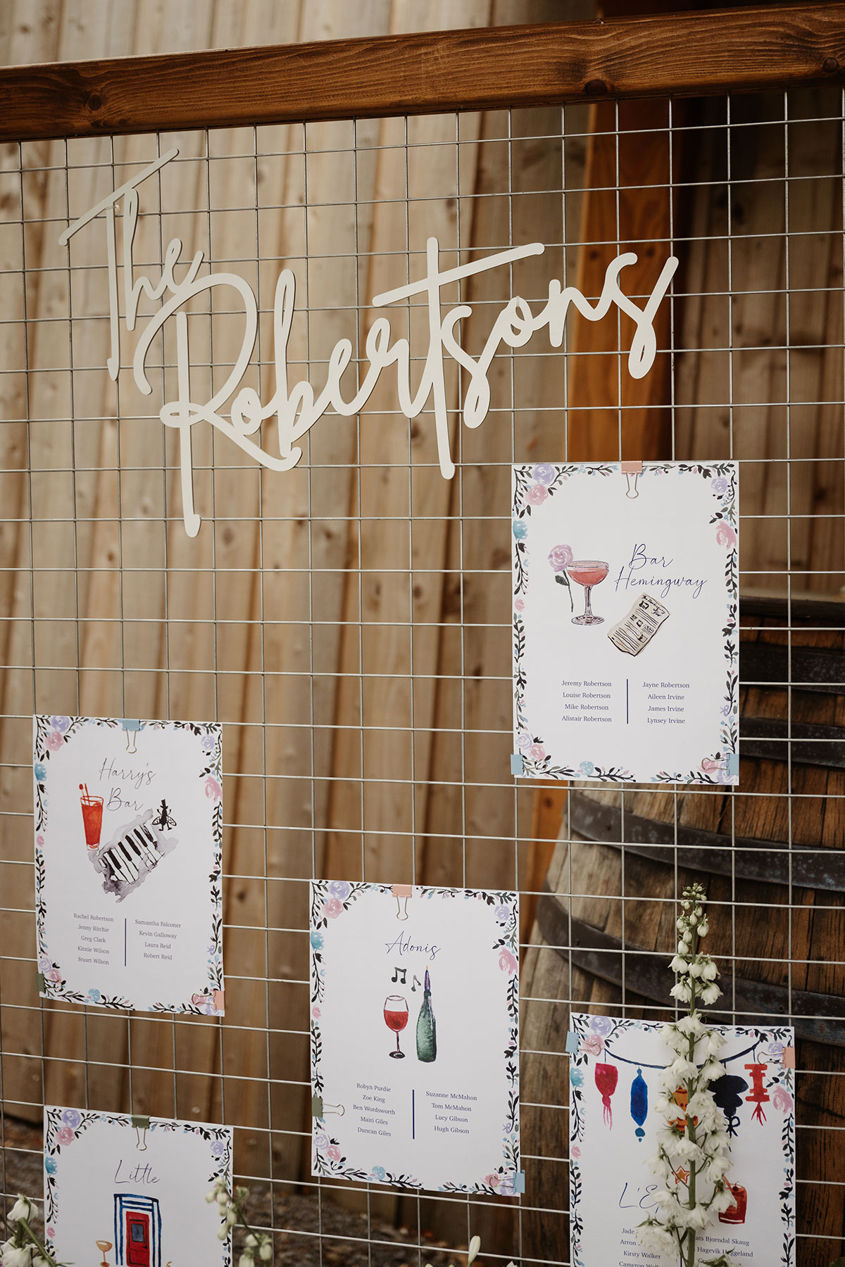 a mesh wire grid on wooden frame with table names and 'The Robertsons' wooden sign