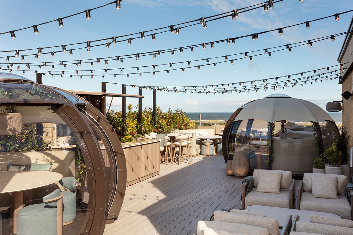 West Deck terrace at Old Course Hotel overlooking West Sands Beach and the North Sea