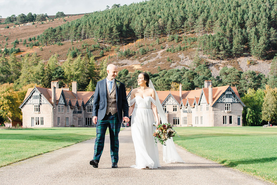 Outdoor couple portraits outside Mar Lodge