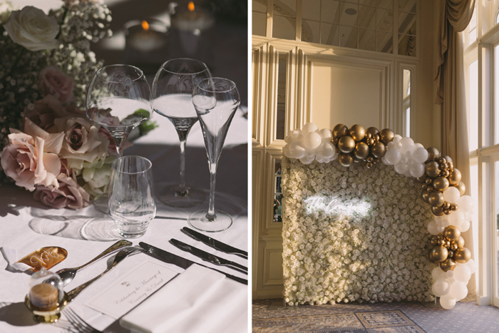 Table details and flower wall with gold and white balloons