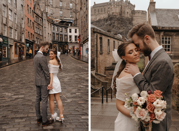 Couple pose on Victoria Street and in front of Edinburgh Castle