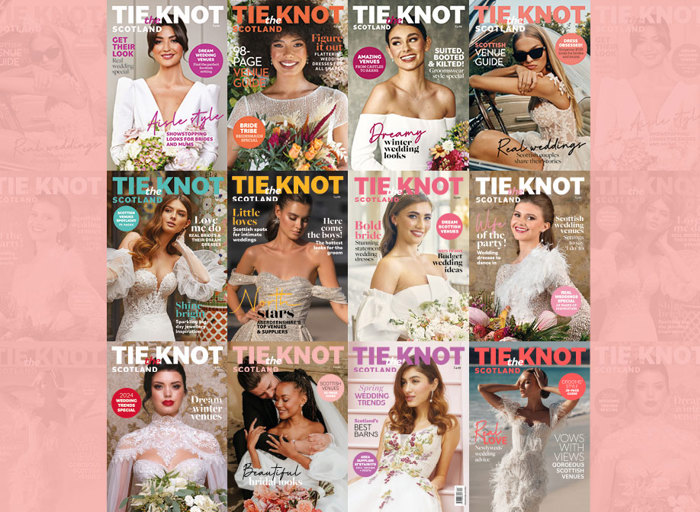 a montage of 12 front covers of Tie the Knot Scotland wedding magazine