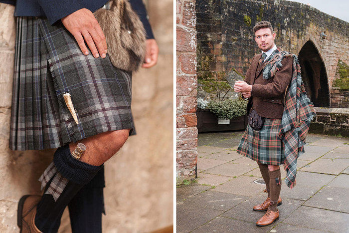 A sgian dubh and kilt pin from MacGregor and MacDuff and model wearing Weathered MacRae tartan from Anderson Kilts