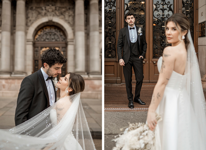 A man in a tuxedo and a woman in a wedding dress with a long pearl-adorned veil stand together, on the left they look into each other's eyes, on the right the bride stands close to the camera while the groom stands further away in a doorway